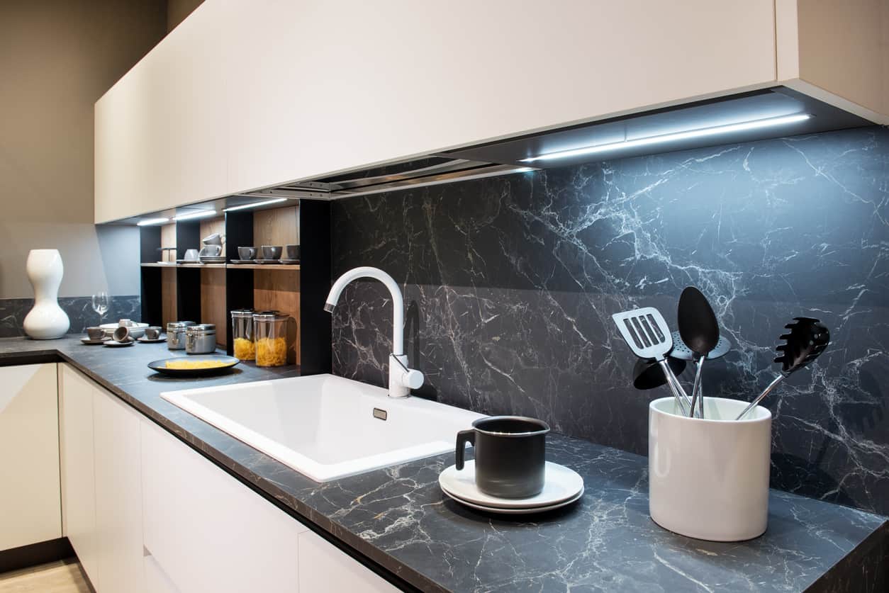 black marble kitchen counter backsplash