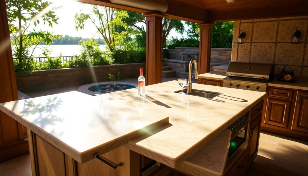 A beautifully crafted outdoor kitchen showcasing the natural elegance of Custom Granite & Marble countertops. Sunlight streams through the patio, casting warm shadows on the sleek stone surface. Weathered wood cabinets and stainless steel appliances provide a rustic contrast, while intricate tile patterns add visual interest. In the background, lush greenery and a tranquil water feature create a serene, natural ambiance. The overall scene evokes a sense of modern sophistication seamlessly blended with the great outdoors.