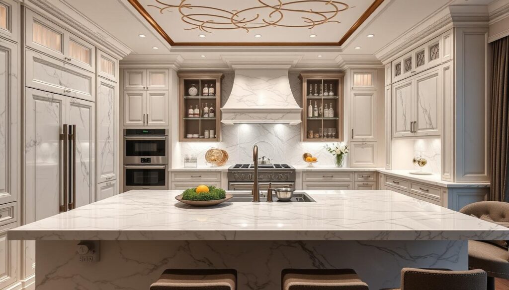 Image of marble countertops in a luxurious kitchen