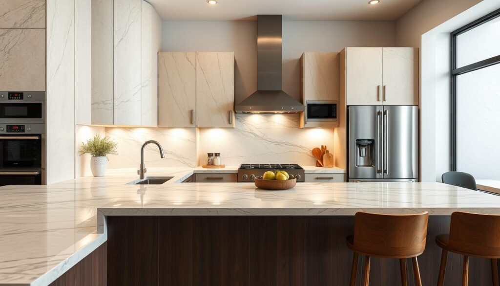 Image of quartzite countertops in a modern kitchen